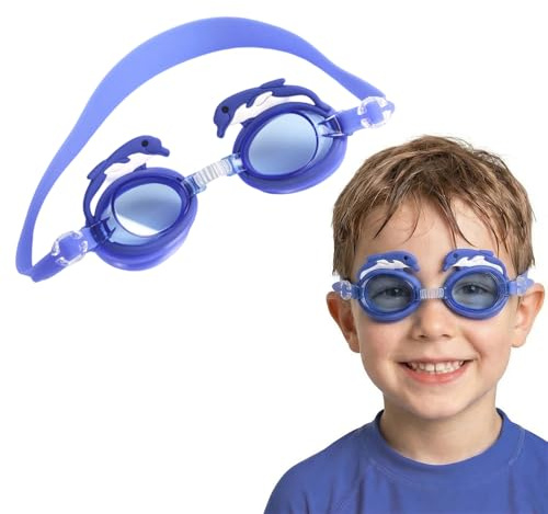 1 Occhialini da Nuoto Bambini con Delfino 3D Blu, Lenti Antiappannamento e Protezione UV, Fascia Regolabile, per Piscina e Mare, 4-10 Ann