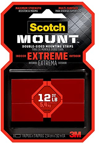 Scotch Extreme Mounting Strips, Double-Sided Heavy Duty Tape, 8 Strips, 1 in x 3 in, Use Instead of Nails or Screws, Works on Painted surfaces, Metals, Acrylic, Hard Plastics and More (414H-ST)