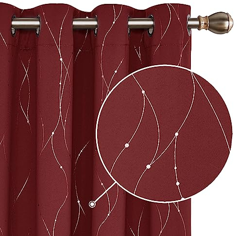 Deconovo Super Soft Dotted Line Foil Printed Thermal Insulated Blackout Curtains Window Treatment Eyelet Curtains for Children 46 x 54 Inch Red Two Panels