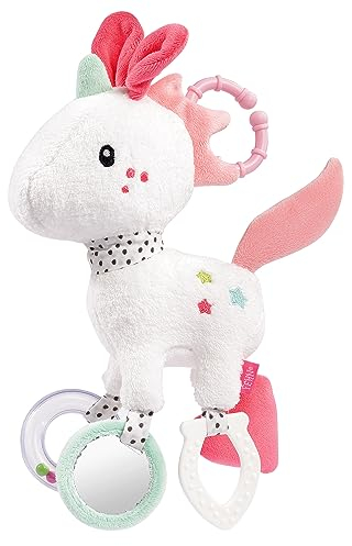 Fehn 057096 Activity-Einhorn mit Ring - Motorikspielzeug zum Aufhängen mit Anhängern zum Greifen und Geräusche erzeugen - für zuhause & unterwegs, für Babys und Kleinkinder ab 0+ Monaten