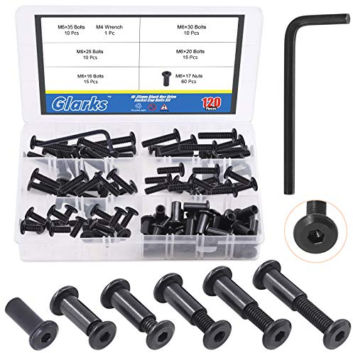 Glarks 121 PCS m6x16 / 20/25 / 30 / 35mm noir hexagonal Drive kit de boulons hexagonaux intérieurs, tête fraisée intérieure meubles plateau boulon écrou chaise table cabinet vis