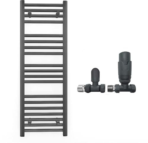 Myhomeware 300mm Wide Straight Anthracite Grey Heated Bathroom Towel Rail Radiator With Valves For Central Heating UK (With TRV Straight Valves, 300 x 1000 mm (h))