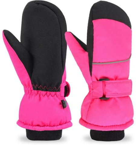 Azarxis Kids Mittens Winter Children Ski Glove Windproof Snow Gloves Fleece Warm for Boy Girl Toddler Youth Outdoor Sports Skiing Skating Snowboarding Sledding (Rose Red, 7-9 Years Old)