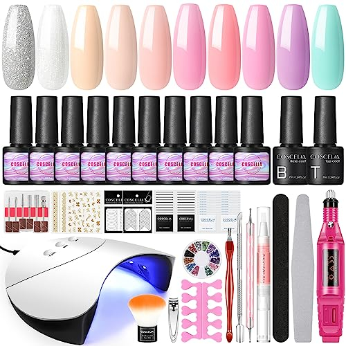 COSCELIA Kit Vernis Semi Permanent Complet avec Lampe UV LED 36W 10pcs Vernis à Ongles Base Top Coat Gel Ongle Décorations et Accessoires pour Les Ongles Nail Art Kit Manucure