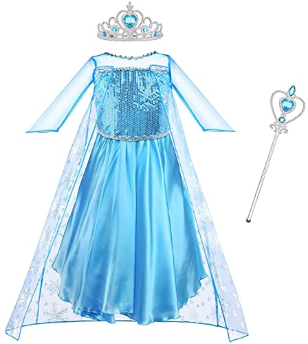 Vicloon Prinsessa Elsa-klänning, prinsessklänning, kostym med tiaror och trollstav för prinsessdräkt, jul, halloween, utklädnad