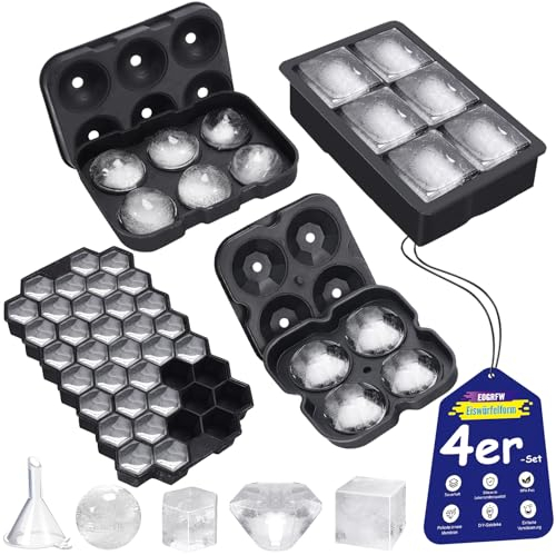 EOGRFW Eiswürfelform Silikon,4er-Set Eiswürfelbehälter mit Deckel,Ice Cube Tray,BPA Frei Eiswürfel Form,Eiswürfelform groß,Silikon Eiswürfelform für Bier Cocktails Whisky Saft Gekühlte Getränke