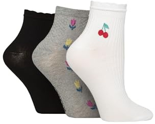 ELLE Ladies Bamboo Anklet Socks - With Frill Welt Cuff, Embroidered Motifs, Textured Weaves,Ribbed in Soft Breathable Cooling Material Multipack of 3 Pairs Size 4-8 Cherry Flower