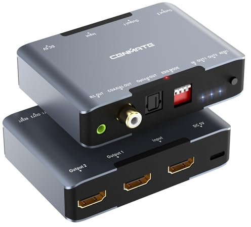 Cenmate 8K60Hz HDMI Splitter 1 in 2 Out, HDMI Audio Extractor 2.1 for Dual Monitors with Optical Toslink SPDIF+Coaxial+3.5mm Audio Out/EDID/48Gbps 4K120, Supports HDR10, HDCP2.3