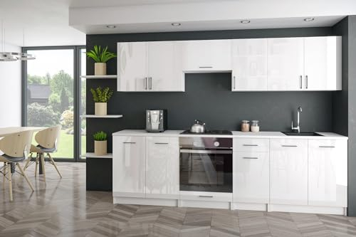roe furniture Küchenzeile ohne Elektrogeräte - Modern Einbauküche 240 cm - Küche Komplett Leco - Küchenblock - Geräumige Singleküche - Küchenmöbel Komplett Weißer Hochglanz & Weiße Arbeitsplatte