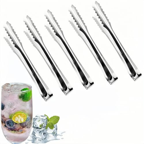 YIAGUN Stainless Steel Ice Sugar Tongs Mini Serving Tongs Small Tongs for Food Sweets Bread Cake Kitchen Wedding Party Bar Bucket(5 Pcs)