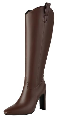 HSyc JRX Botas altas de tacón alto para mujer con tacón de 10 cm hasta la rodilla, marrón, 38 EU