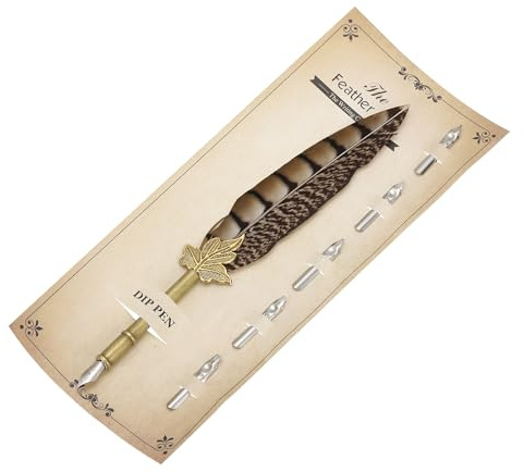 PATIKIL Fjäderpenna, 25 cm vintage Quill Pen fjäder dopppenna med 5 st ersättningsspetsar för att skriva kalligrafi bröllop signatur gäst, svart/brun