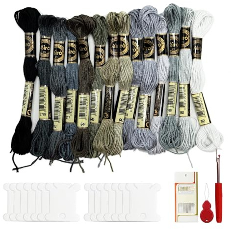 14 pezzi fili da ricamo, cotone per ricamo, matasse di filo da ricamo, gradiente grigio, con 14 piastre di avvolgimento, 16 aghi da cucito, 1 tirante per filo, per punto croce, fai da te, ricamo