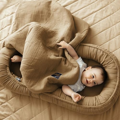 PALULLI® Nido per bambini 2 in 1 con coperta per neonati, in 100% mussola, di alta qualità, 100 x 60 cm, con chiusura in velcro, paracolpi, materassino per fasciatoio, coperta in cocco (marrone)
