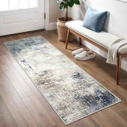 Runner Rugs for Hallway 80x150cm, Non-Slip Extra Long Washable Runner Rugs Soft Low Pile, Modern Abstract Rug Carpet Runners for Entryway Kitchen Bedside Laundry Room, Blue