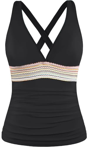 Yonique Women's Halter Tankini Top V Neck Swim Top Tummy Control Bathing Suit Black 03 L