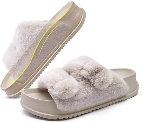 KuaiLu Women's Fluff Slippers White UK 6, Plantar Fasciitis Comfortable Platform Sandals with Arch Support Ladies Open Toe Faux Fur Sliders Womens House Slipper