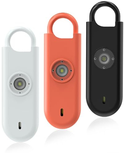 Fauxomor Alarme Personnelle Anti Agression 3 Pack-140 DB Porte-Clé Alarme avec Flash LED et Avertisseur de Batterie Faible, Kit d'Auto-Défense pour Femmes, Enfants et Seniors(Blanc+Orange+Noir)