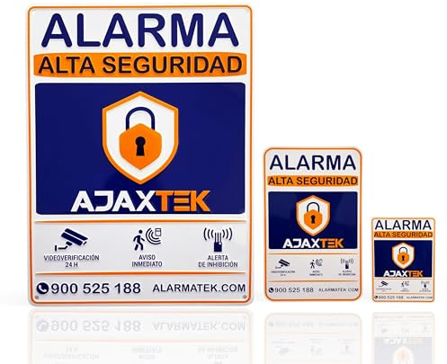 Lote 3 Carteles de Alarma Relieve Lacado Ajaxtek | Auténtico. | Cartel Zona Videovigilada | Carteles Disuasorios - Interior Y Exterior - Placa videovigilancia | 3 tamaños | 2 con Super Adhesivo.
