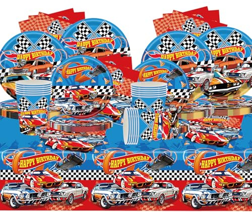 81 pezzi Stoviglie Compleanno Hot Whels, Decorazioni per Feste Compleanno Auto, Stoviglie per Feste Car Piatti Carta, Bicchieri, Tovaglioli e Tovaglia per 20 ospiti