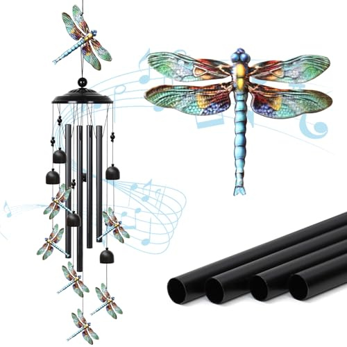 UXORSN Carillón de viento para exterior, colgante de 92 cm, metal, libélula, carillón de viento, para jardín, vintage, campanilla con gancho, 4 tubos, campana de viento para cumpleaños, terraza