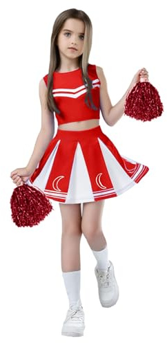 Generico Costume da Cheerleader Bambina Vestito da Cheerleading per Football Americano con Pompon Calzini CheerleaderCarnevale O Evento Sportivo Fancy Dress Up per Bambini (B-Red, 10-11 Years)