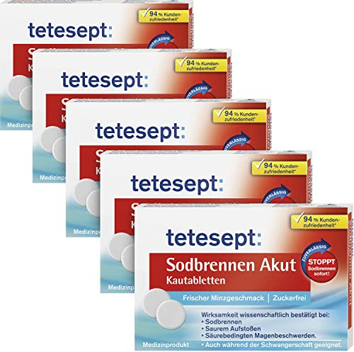 tetesept Sodbrennen Akut Kautabletten – 5 x 20 Tabletten – mit frischem Minzgeschmack, zuckerfrei – schnell wirkende Magentabletten gegen Sodbrennen