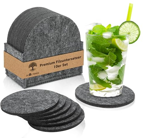 GOOD THINGS - FiLZi Premium Filz-Untersetzer für Gläser - 10er Untersetzer Set inkl. Filzaufbewahrung - Glasuntersetzer für Getränke - Getränkeuntersetzer Rund (Grau)