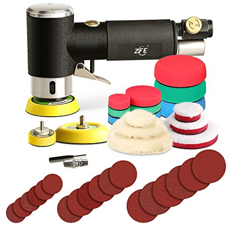 ZFE 1/2/3 Inch Random Orbital Air Sander, Mini Pneumatic Sander for Auto Body Work, High Speed Air Powered Polisher with 15 Polishing Buffing Pads,18 Sandpapers