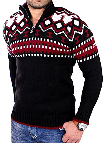 Reslad Herren Strickpullover Crewneck Zipper Winterpullover für Männer Norweger Pullover RS-3110 (2XL, Schwarz-Rot)