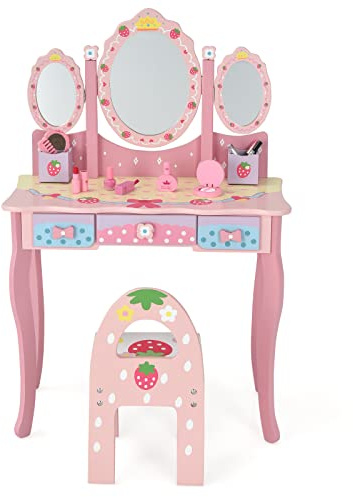 RELAX4LIFE Toeletta da Trucco con Sedia per Bambini, Specchio a 3 Lati Rimovibile, 3 Cassetti con Manopole a Fiore e 2 Organizer, Tavolo e Sedia per Cameretta con Dettagli di Fragole e Fiori (Rosa)