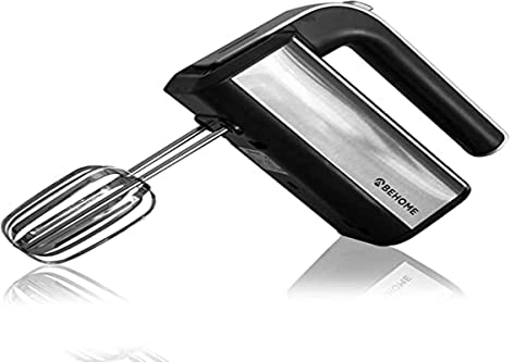 BEHOME Sbattitore Elettrico 5 Velocità + Turbo 300W, con Luce Led Colore Argento e Nero con 2 Fruste per Impasti Morbidi e 2 Ganci per Impasti Duri per montare