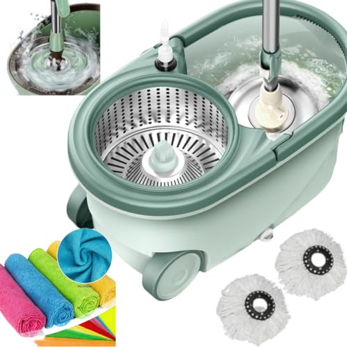 SWISSPACK Ultimate Heavy Duty Spin Mop and Buckets Sets, Microfibre Flat Mop Bucket, Telescopic Handle & 2 Reusable Pads for Hardwood Laminate Tile Floors - Cleaning Gloves Included. (green)