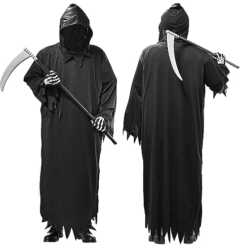 Faburo Halloween Kostüm Herren, Gewand Des Sensenmanns mit Kopfhaube-Gesichtsmaske, Sichel und Handschuhe, Grim Reaper Costume for Party, Scary Erwachsene