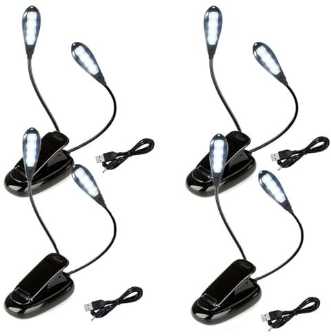 KINGCOO Luce per leggio, flessibile a doppia testa, 8 LED, con morsetto USB da scrivania, a batteria, lampada da lettura a 2 livelli di luminosità, per topi di biblioteca, pianoforte, bambini e viaggi