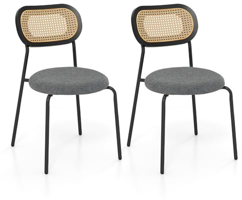 COSTWAY Dining Chair Set of 2, Upholstered Kitchen Chairs with Rattan Backrest, PU Leather/Linen Fabric Padded Seat, Leisure Accent Leisure Chairs for Living Dining Room (PU Leather Grey Seat)