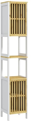 HOMCOM Armario Alto de Baño Columna de Baño Mueble Auxiliar de Baño con 2 Compartimentos Abiertos 2 Puertas de Rejilla y Estantes Ajustables 32x30x172 cm Blanco