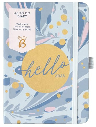 Busy B - A6 Agenda settimanale 2025 con elenchi di impegni e pagine di appunti - Diario compatto in marmo blu marino - Layout settimanale, 3 tasche e pianificatore annuale