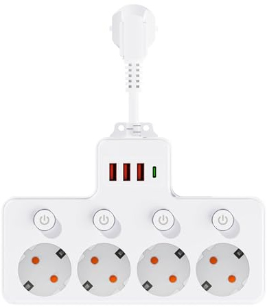 NEOVSUNY Presa multipla con interruttore, 4 prese, ciabatta con 3 USB e 1 Type-C, presa multipla, protezione da sovratensione, 3680 W, 16 A, cubo per casa, ufficio, cucina