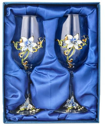 MEIGLQEA Wine Glasses Set of 2, Handcrafted Enamel Flower Red White Wine Glasses Pretty Floral Goblets with Gift Box for Women Wife Mom Friends Mothers (Blue)