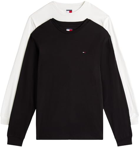 Tommy Camisetas de Manga Larga Pack de 2 Hombre Slim con Cuello Redondo, Multicolor (Black/Ecru), S