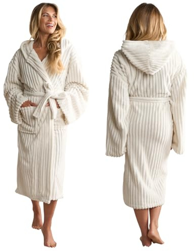 OHS Ribbed Fleece Dressing Gown, Super Soft Ladies Dressing Gowns Winter Warmer Gifts for Women Luxury Fleece Loungewear Womens Robes Ribbed Design - One Size