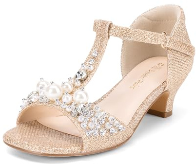 DREAM PAIRS Girls Pearl Sandals | Pearl Rhinestone Elegance, T-Strap Secure Fit, Kitten Heel Style, Adjustable Growing Feet
