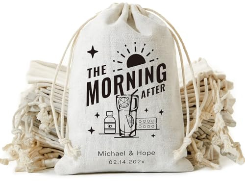 25PCS Custom Wedding Hangover Recovery Kit Bag, Eco-Friendly Ink Hand-Printed Cotton Drawstring Survival Kit, Bachelorette Party & Wedding Guest Favor Emergency Bag
