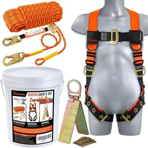 Safety Harness Fall Protection Kit - Roofing Harnesses 50ft Safety Rope Lanyard Kit 5 Gallon Bucket Kit Roof Top Anchor Construction Work 20pcs Nails Included