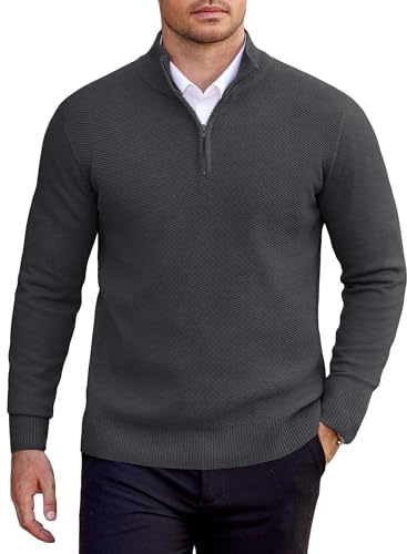 COOFANDY Pullover Herren 1/4 Zip Rollkragenpullover Einfarbig Troyer Strickpullover für Herren Feinstrick Arbeitspullover Winter Stehkragen Pulli Männer Winterpullover Dunkelgrau XL