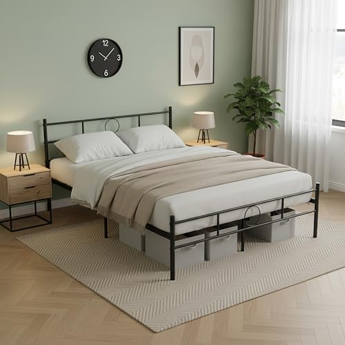 ZECIIYE Cadre de lit en métal 190x140 cm, Cadre de lit stable de 32 cm de haut avec espace de rangement sous le lit, Lit double pour invités avec tête de lit pour la chambre à coucher, Noir