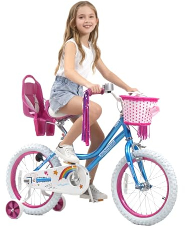 WinHope Girls Bike, 12 14 16 18 Inch Kids Bike for 2-9 Years Old, Beginner Children's Bicycle with Training Wheels, Doll Seat & Basket,Streamers for Outdoor Riding, Multiple Colors