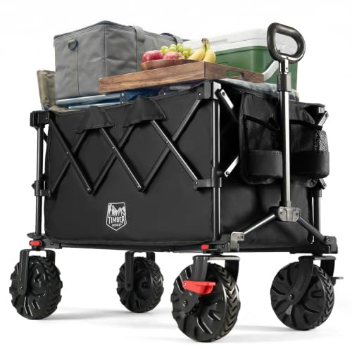 TIMBER RIDGE Carro plegable XXL de 250 L, neumáticos anchos con frenos, 150 kg, con soporte para bebidas, para camping, compras, jardín