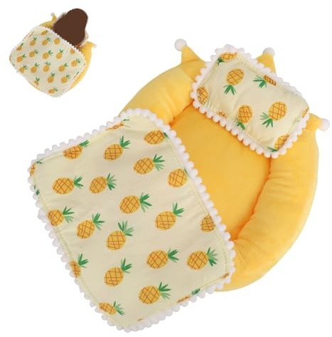 Mini Doll Bed Sofa with Mattress & Pillow & Quilt, Yellow Pineapple Pattern Dollhouse Furniture for 17cm/6.7in Dolls Cute Bedroom Accessories (Style 2)